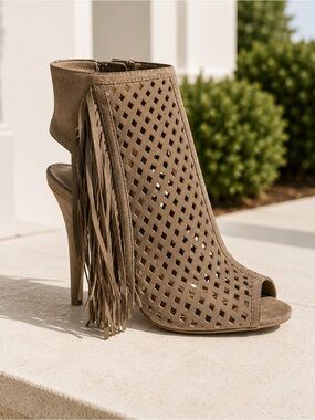 JustFab Taupe Laser-Cut Fringe Peep-Toe High Heel Boot